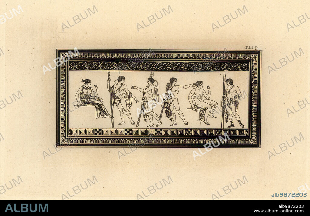 The seated figures are Maia, eldest of the Pleiades and mother of Mercury, and Typhis, son of Nepture and Argos pilot. Four other Greek soldiers with two spears. From a vase showing Hercules with Atlas and the Pleiades. Copperplate engraving by Thomas Kirk (1765-1797) from Sir William Hamiltons Outlines from the Figures and Compositions upon the Greek, Roman and Etruscan Vases of the Late Sir Hamilton, T. MLean, London, 1834.