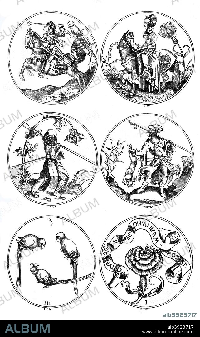 Circular playing cards, Germany, 15th century (1870). Featured are: the King of Parrots, the Queen of Carnations, the Knave of Columbine, the Knave of Hares, the Three of Parrots and the Ace of Carnations'. A 19th century version of an original 15th century manuscript illustration From The Arts of the Middle Ages and at the Period of the Renaissance, by Paul LaCroix (London, 1870).