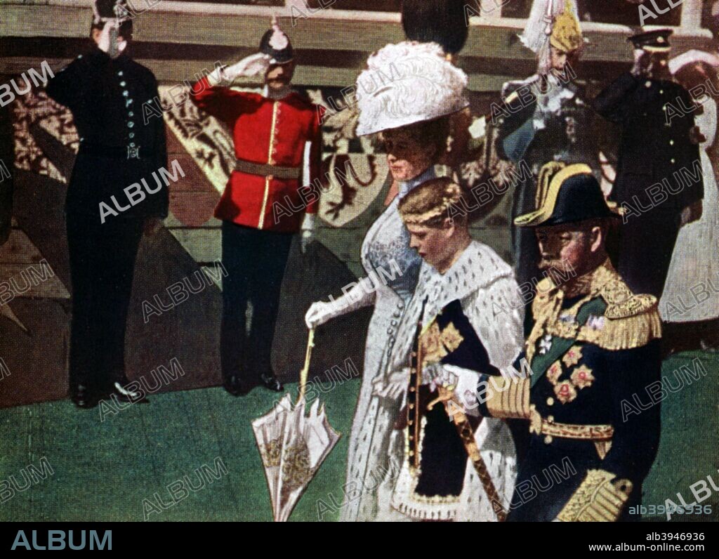 The investiture of the Prince of Wales, Carnarvon Castle, 1911-1912. Reproduced from a Kinemacolor film. On the death of his father, King George V, in January 1936, Prince Edward (1894-1972) was proclaimed King Edward VIII. Before long, rumours circulated about his alleged romance with an American, Mrs Wallis Warfield Simpson, then married to her second husband, a London shipping broker. On October 20, 1936, Prime Minister Stanley Baldwin counselled Edward, as king and head of the Church of England, to remove all cause for the rumours. A week later Mrs. Simpson was granted a divorce, to become final in six months. In November the king confided to Baldwin that he intended to marry Mrs Simpson even if it meant his abdication. A morganatic marriage was proposed, but the cabinet was unwilling to accept this compromise. On December 11 1936, therefore, the king abdicated in favour of his brother, the duke of York, who became King George VI. Edward received the title duke of Windsor and married Mrs. Simpson in June 1937. From Penrose's Pictorial Annual 1911-1912, The Process Year Book, volume 17, edited by William Gamble and published by AW Penrose (London, 1911-1912).      A print from Penrose's Pictorial Annual, The Process Year Book, Volume 17, William Gamble (editor), A W Penrose, London, 1911-1912.
