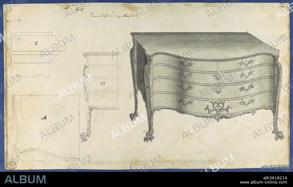 French Commode Table, from Chippendale Drawings, Vol. II. Artist: Thomas Chippendale (British, baptised Otley, West Yorkshire 1718-1779 London). Dimensions: sheet: 8 3/8 x 14 1/4 in. (21.2 x 36.1 cm). Published in: London. Date: 1753.
Preparatory drawing for Thomas Chippendale's 'Gentleman and Cabinet Maker's Director'. Published in reverse as plate XLV in the 1754 and 1755 editions, renumbered as plate LXVI in the 1762 edition.