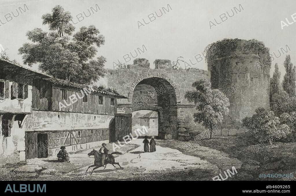 Imperio Otomano. Puerta triunfal de la antigua Andrinópolis (actual Edirne). Grabado por Lemaitre, Vormser y Cholet. Historia de Turquía, por Joseph Marie Jouannin (1783-1844) y Jules Van Gaver. Panorama Universal, edición española de 1840.