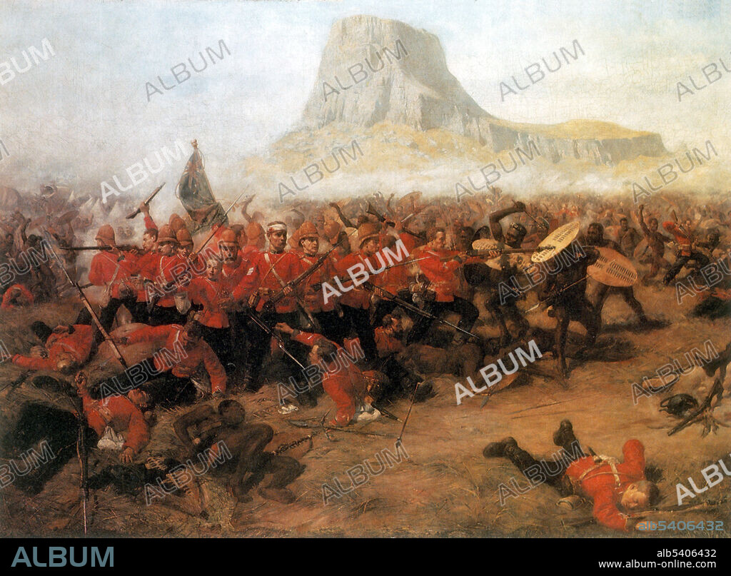 The Battle of Isandlwana (Isandhlwana) on January 22, 1879 was the first major encounter in the Anglo-Zulu War between the British Empire and the Zulu Kingdom. Eleven days after the British commenced their invasion of Zululand in South Africa, a Zulu force of some 20,000 warriors attacked a portion of the British main column consisting of about 1,800 British, colonial and native troops and perhaps 400 civilians. The Zulus were equipped mainly with the traditional assegai iron spears and cow-hide shields, but also had a number of muskets and old rifles though they were not formally trained in their use. The British and colonial troops were armed with modern breech-loading rifles and 7-pounder mountain guns deployed as field guns. Despite a vast disadvantage in weapons technology, the numerically superior Zulus ultimately overwhelmed the poorly led and badly deployed British, killing over 1,300 troops, including all those out on the forward firing line. The Zulu army suffered anywhere from 1,000 to 2,500 killed. Oil on canvas by Charles Edwin Fripp. This image has been cropped.