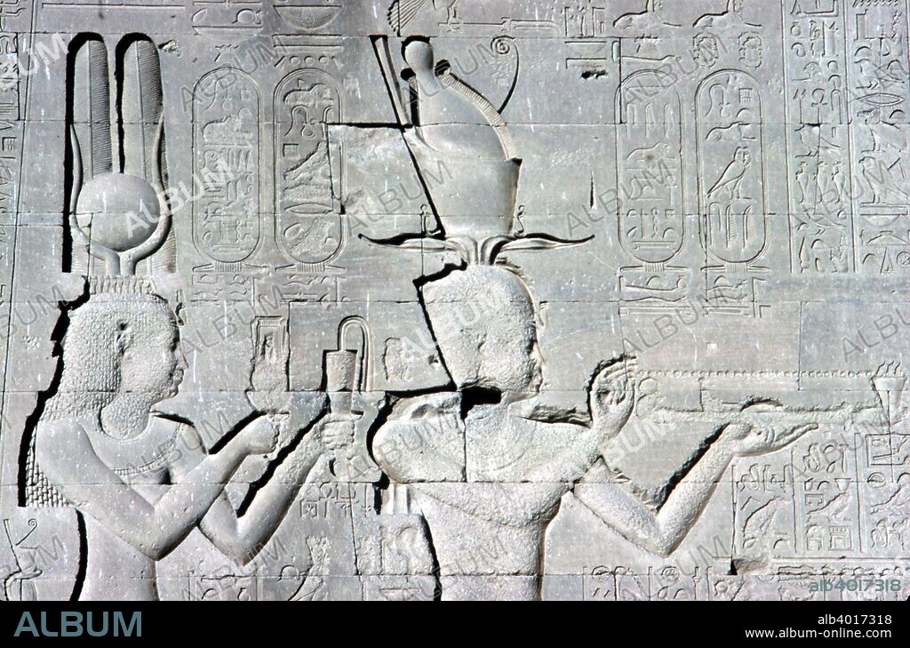 Horizontal detail of a Relief of Cleopatra VII and Caesarion (her son by Julius Caesar) offering to the gods,Temple of Hathor, Dendera, Egypt, late Ptolemaic and Roman Periods, c125 BC - c60 AD. Temple of Hathor was dedicated to Hathor and Horus the Elder.