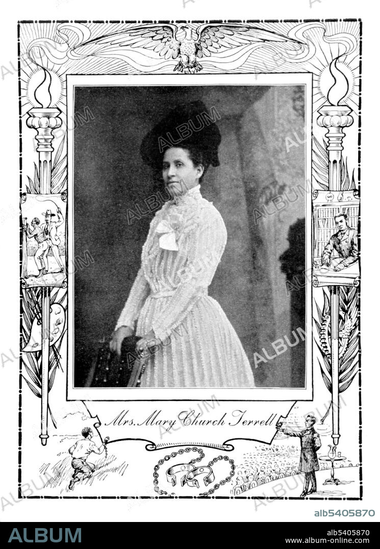 Mary Church Terrell (September 23, 1863 - July 24, 1954) was one of the first African-American women to earn a college degree, and an activist for civil rights and suffrage. She taught in the at Paul Laurence Dunbar High School - the first African-American public high school in the nation - in Washington, DC. Terrell was a charter member of the NAACP and the Colored Women's League of Washington. She lived to see the Supreme Court's decision in Brown vs. Board of Education, holding unconstitutional the racial segregation of public schools. Twentieth Century Negro Literature by Daniel Wallace Culp, 1902 (cropped and cleaned).