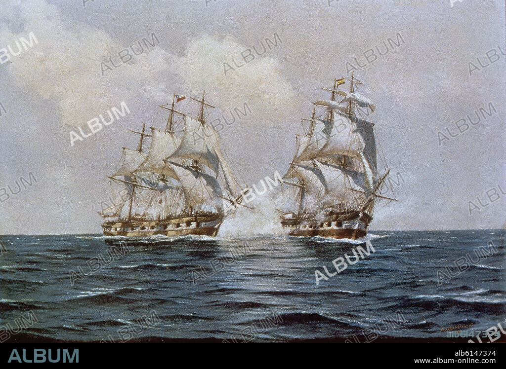 COMBATE NAVAL DE VALPARAISO EL 27 DE ABRIL DE 1818 ENTRE LA FRAGATA CHILENA LAUTARO CONTRA EL BUQUE ESPAÑOL ESMERALDA EN VALPARAISO.