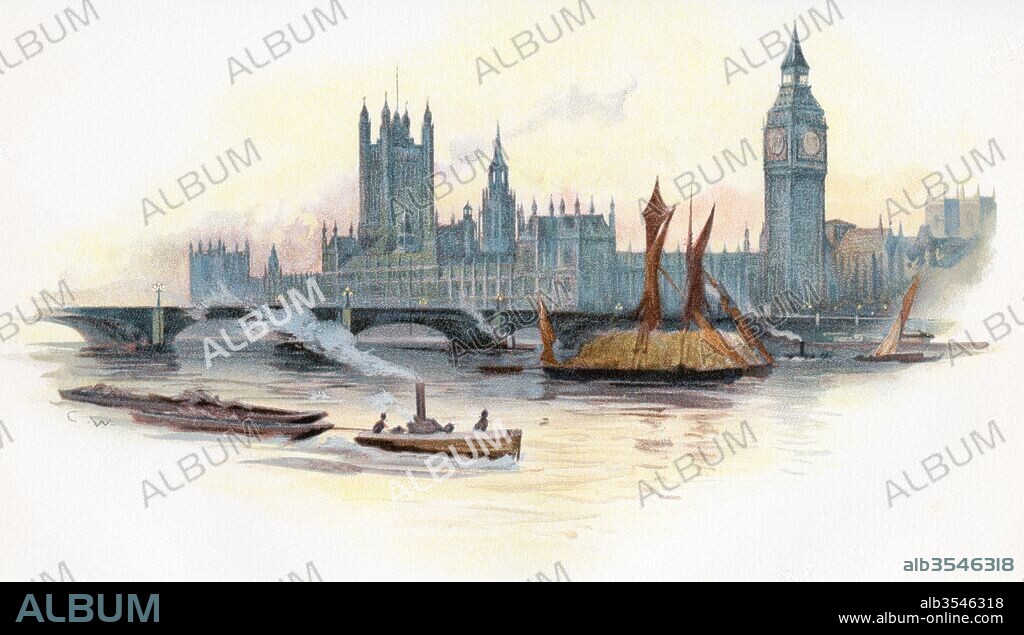 The Houses of Parliament, Palace of Westminster, London, England in the 19th century. From The Century Edition of Cassell's History of England, published c. 1900.