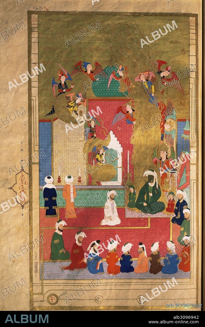 Prophet Muhammad (c.570-632) with a court of angels in heaven, surrounded by his first followers, their relatives and close friends with his uncle and educator Ali Ibu Abi Talib (601-661). Miniature of a Persian manuscript, 1583. Topkapi Palace Museum. Library. Istanbul. Turkey.