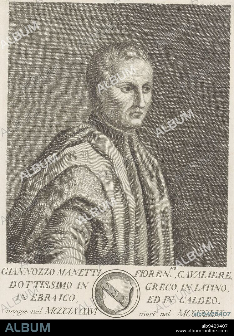 Portrait of Giannozzo Manetti Below the portrait a text in Italian and a coat of arms in a circular frame, Portrait of Giannozzo Manetti Portraits of famous Italians with coat of arms in lower margin , print maker: Francesco Allegrini, (mentioned on object), intermediary draughtsman: Giuliano Traballesi, (mentioned on object), Italy, 1761, paper, engraving, h 291 mm × w 189 mm.
