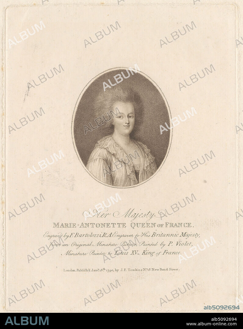 Marie Antoinette, Print made by Francesco Bartolozzi RA, 17281815, Italian, active in Britain (176499), after Pierre N. Violet, 17491819, French, 1790, Mezzotint and stipple engraving on medium, moderately textured, cream laid paper, Sheet: 10 3/16 x 7 3/8 inches (25.8 x 18.7 cm), Plate: 8 3/8 x 6 3/8 inches (21.3 x 16.2 cm), and Image: 3 5/16 x 2 13/16 inches (8.4 x 7.1 cm), costume, frizz, lace, oval, portrait, queen (person), royalty, woman, France.