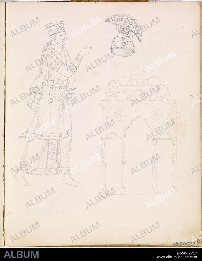 Sketchbook of Byzantine and Romanesque Decoration, 1887-1894 Sketch of a female costume, helmet and architectural decoration Artist: Sir Edward Burne-Jones, 110 sketches of Mediaeval and Byzantine decoration made in connection with studies for the 'Holy Grail' tapestries for Morris & Co., Art Movement, Pre-Raphaelite, Pencil, Sketch.