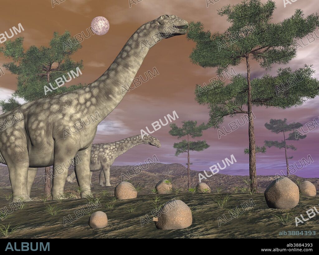 Argentinosaurus dinosaur eating leaves from the tree tops.