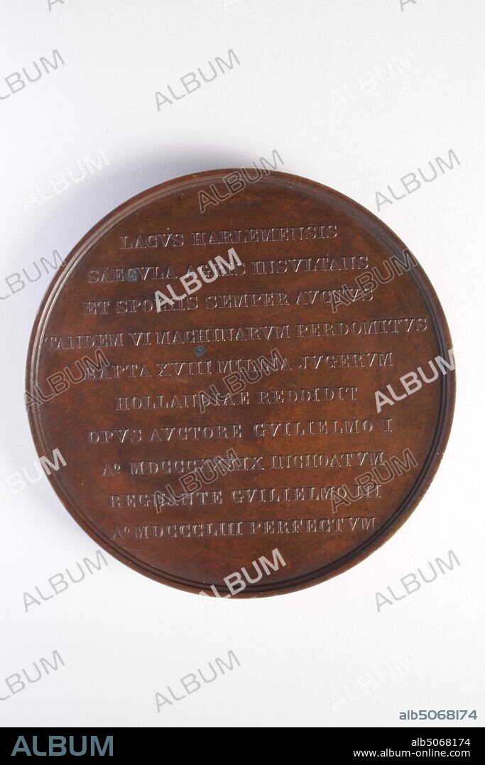 commemorative medal, Samuel Jacob Cohen Elion, 1853, minted, General: 7.5 x 0.7cm 75 x 7mm, Weight: 194.1g, figure, coat of arms sign, woman, man, Silver commemorative medal, minted on the reclamation of the Haarlemmermeer, 1853. The obverse depicts a woman, Ceres, with a sickle in the right hand and a sheaf of corn in the left. On her chest she wears the coat of arms of Holland a shield with a climbing lion. Behind her is a fleeing stream god in the waves on the left and a steam pumping station on the right. Below this scene is the inscription N. PIENEMAN INV. S.C. ELION F. On the back is the inscription LACUS HARLEMENSIS SAECVLA AGRIS INSVLTANS ET SPOLIIS SEMPER AVCTVS TANDEM VI MACHINARVM PERDOMITVS RAPTA XVIII MILLIA JVGERVM HOLLANDIAE REDDIDIT OPVS AVCTORE GVILIELMO IXMILLIXMO AIX MDXI AIX MDXMIXXI AIX MDXI AIX MDIX. MDCCCLIII PERFECTVM, 1886.