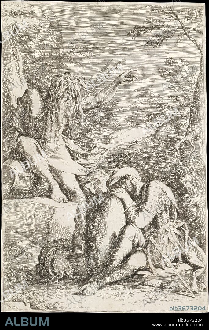 Dream of Aeneas: Aeneas rests his head on his hands atop his shield, while the river god Tiber leans on a vessel and points upward with his left hand. Artist: Salvator Rosa (Italian, Arenella (Naples) 1615-1673 Rome). Dimensions: Sheet: 13 13/16 x 9 3/16 in. (35.1 x 23.3 cm)
Plate: 13 11/16 x 9 in. (34.7 x 22.9 cm). Date: ca. 1663-1664.
The Metropolitan Museum's painted version of Salvator Rosa's 'Dream of Aeneas' (65.118) may have preceded this etching, but in the print Rosa altered nearly most of the details clearly wanted to achieve a very different effect. The artist drew his inspiration from Virgil's Aeneid (8.26-65), in which the weary hero, having finally reached Italy and about to enter into war with Turnus, falls asleep on the bank of the Tiber. The god of the stream appears to him, offering advice and foretelling his future as the founder of the Roman race.