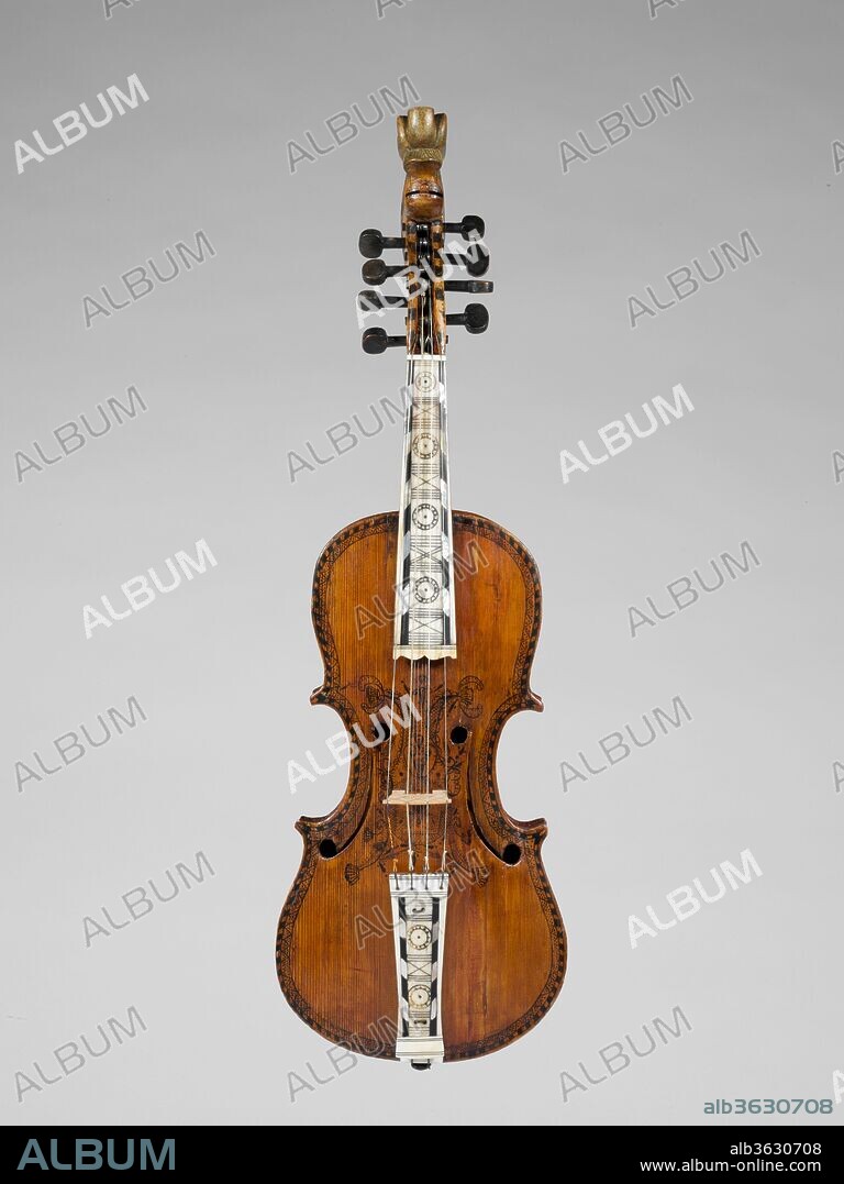 Hardanger Fiddle. Culture: Norwegian. Dimensions: Height: 24 7/16 in. (62 cm). Date: 1786.
The Hardanger fiddle of western Norway has a violin form but features a fanciful scroll, a highlly decorative fingerboard and tailpiece, ink designs on front and back and sympathetic strings that run through the bridge and under the fingerboard. Isak N. Botnen (1669-1759) and his son Trond Botnen made both standard violins and Hardanger fiddles.