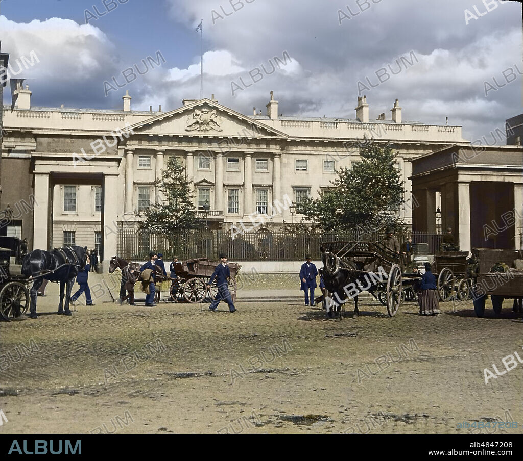 Magic Lantern slide circa 1880, Victorian/Edwardian, social history. London street scene with horses and carriages; London, England.