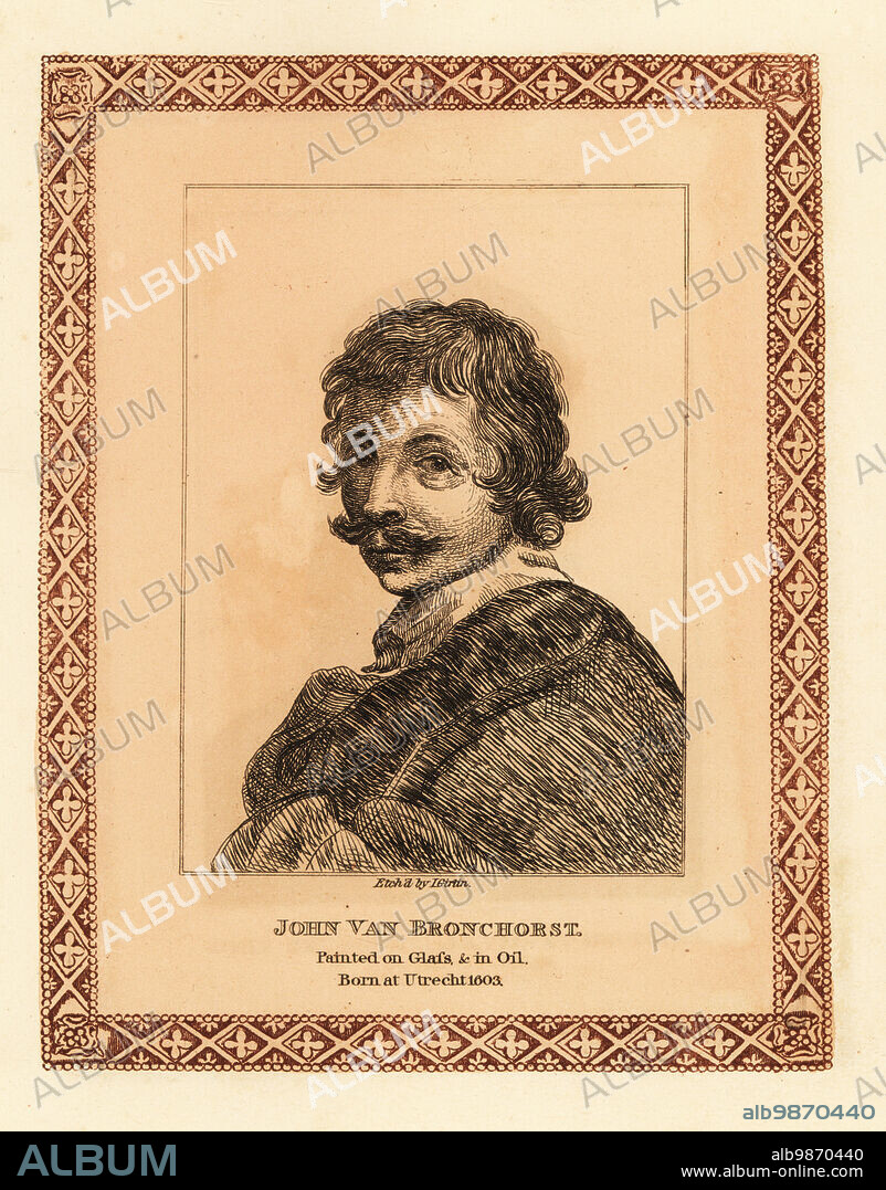 Self-portrait of Jan Gerritsz van Bronckhorst, 16031661, Dutch Golden Age painter and engraver. Member of the Utrecht Caravaggisti. Painted on glass and in oils. John van Bronchorst. Tinted etching within a decorative border by John Girtin after as self-portrait by Bronckhorst from John Girtins Seventy-Five Portraits of Celebrated Painters from Authentic Originals, J. MCreery, London, 1817.