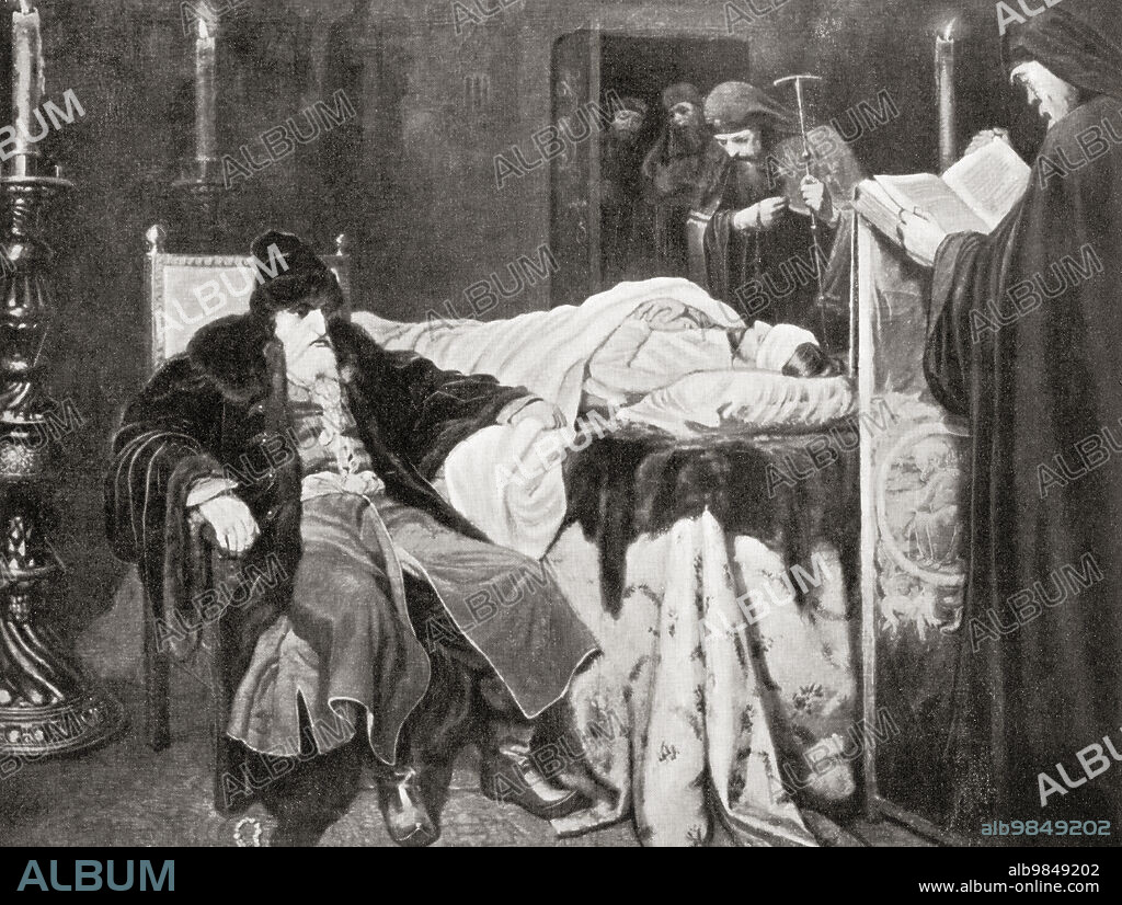Ivan the Terrible beside the body of his son and heir Ivan Ivanovich (1554 - 1581) whom he struck and killed in a fit of rage. Ivan IV Vasilyevich, 1530 Ã¢â‚¬â€œ 1584, aka Ivan the Terrible or Ivan the Fearsome. Grand Prince of Moscow from 1533 to 1547, then "Tsar of All the Russias" until his death. From Hutchinson's History of the Nations, published 1915.