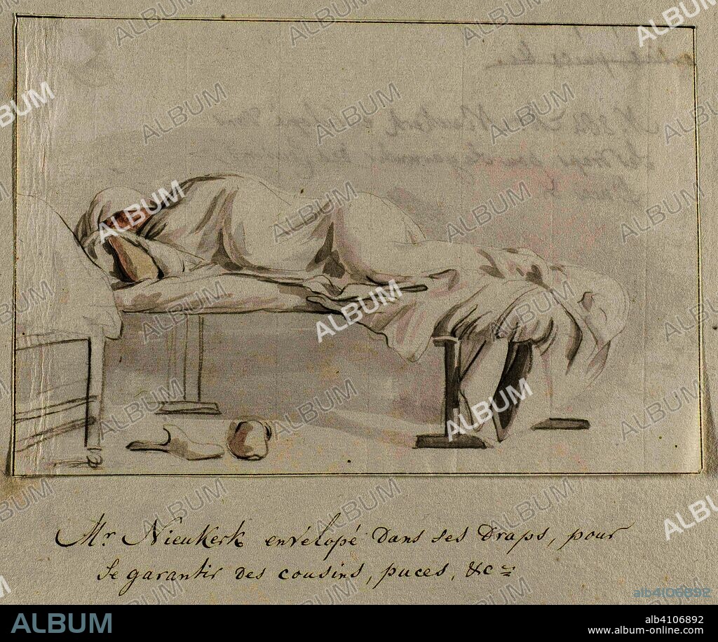 Willem Hendrik van Nieuwerkerke ligt gewikkeld in laken op bed om zich te beschermen tegen muggen en vlooien. Mr. Nieukerk envelopé dans ses draps, pour se garantir des cousins, puces, &c. (title on object). Voyage en Italie, en Sicile et à Malte - 1778 (series title). Draughtsman: Louis Ducros. Dating: 1778. Measurements: h 120 mm × w 180 mm.