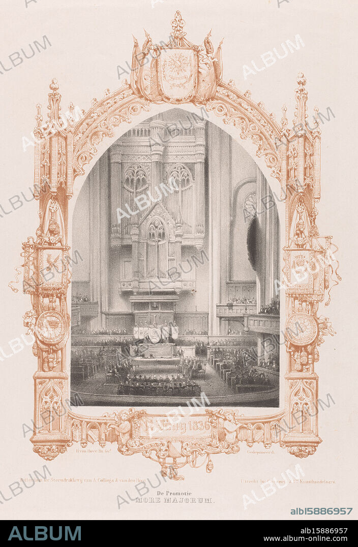 Promotion More Majorum, 1836, The promotion. More majorum (title on object), Remembrance of the second centenary of the Utrecht University (series title), View of the interior of the Dom Church where a promotion 'more majorum', a public promotion, takes place, June 14, 1836. Within a colored decorative frame with church ornaments. Part of the series of six unnumbered plates of the festivities at the celebration of the second centenary (1636-1836) of the Utrechtsche Hogeschool, June 12-17, 1836. This print is part of a cover with eight prints., print maker: Huib van Hove Bz, after own design by: Huib van Hove Bz, printer: A. Collings & van den Hout, printer: Rotterdam, publisher: Utrecht, 1836, paper, height 520 mm × width 400 mm, print.