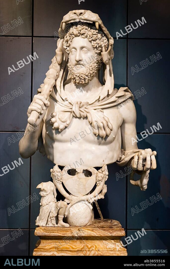 Ancient marble bust of Emperor Commodus as Hercules, Capitoline Museums, Capitoline Hill, Rome, Lazio, Italy, Europe.