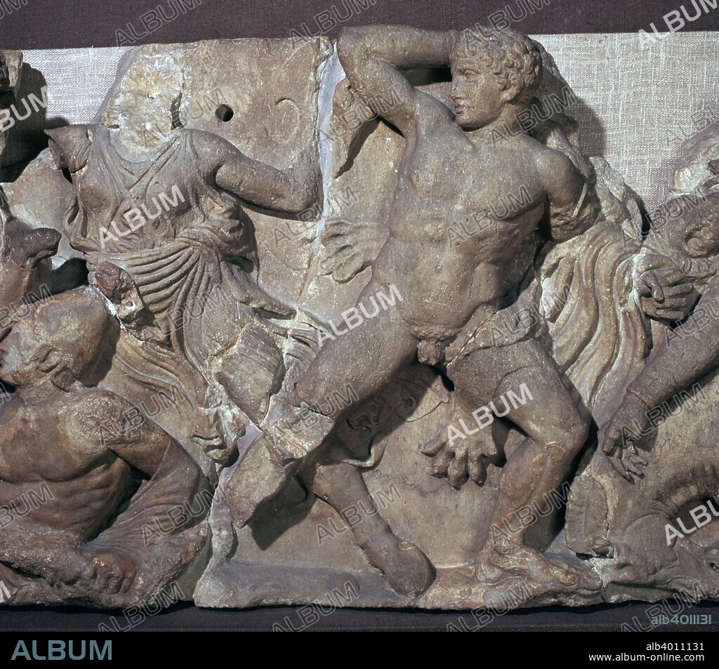 Detail from the frieze in the cella of the temple of Apollo at Bassae, showing Heracles fighting Hippolyta, Queen of the Amazons, from the British Museum's collection, 5th century BC.