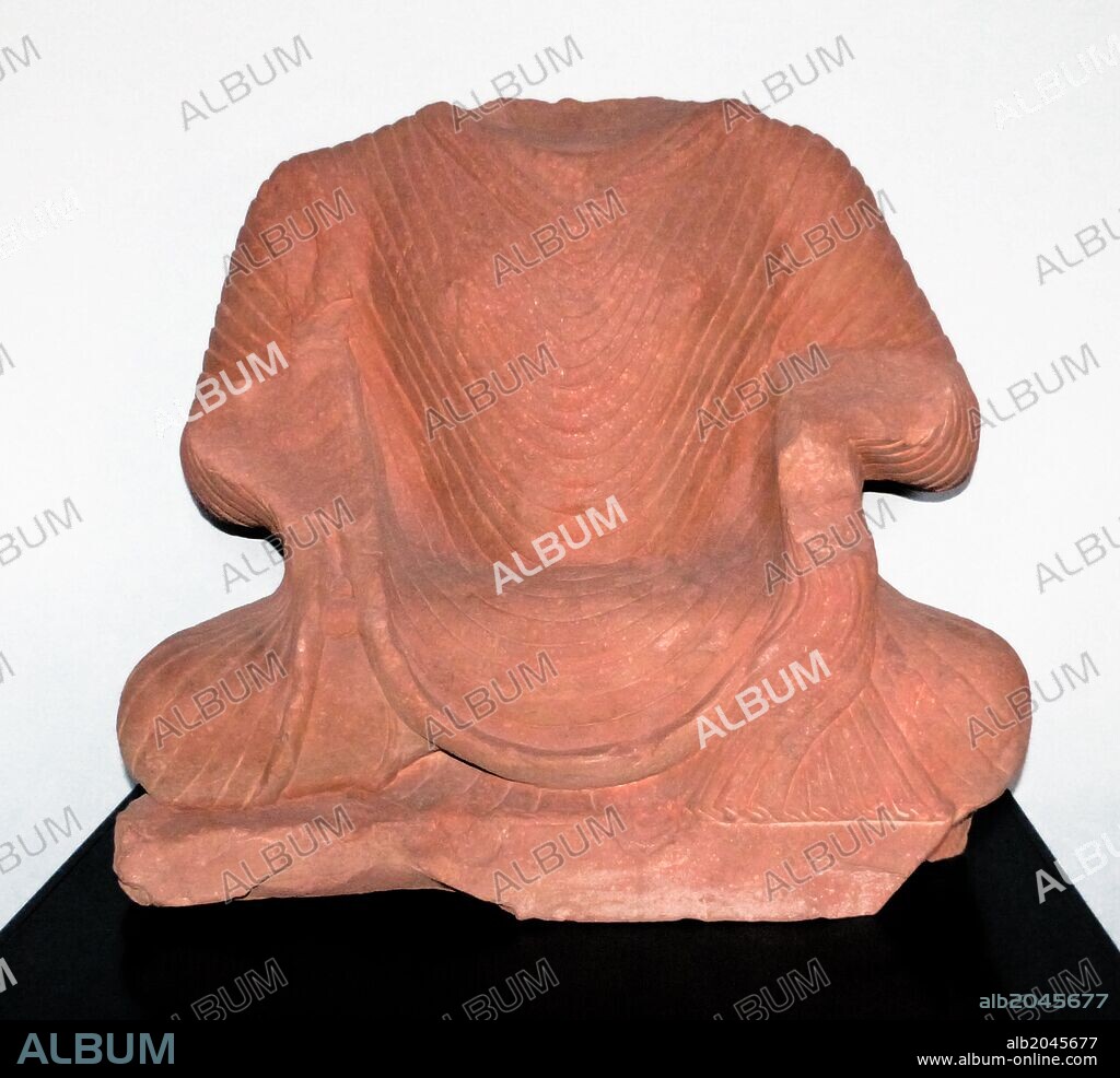 Torso of a seated Buddha AD 200-50 Kushan dynasty. Mathura, Uttar Pradesh, North India, Sandstone. Some of the earliest images of the Buddha were created Mathura.
