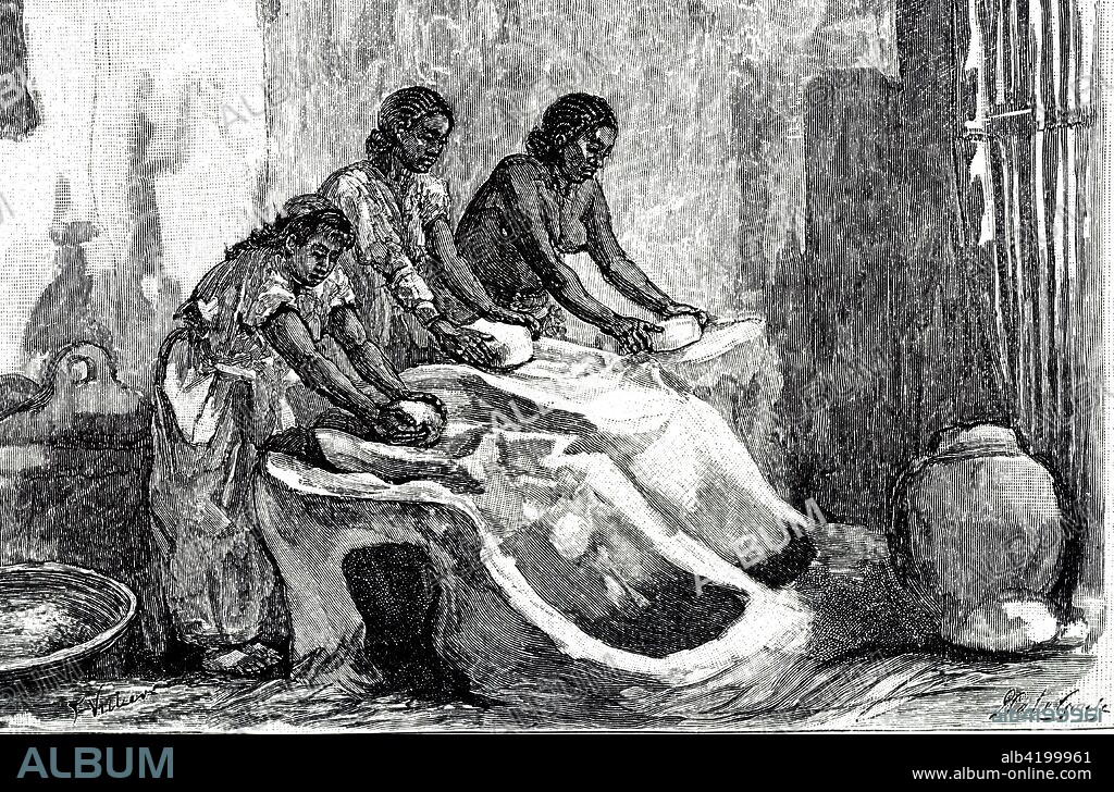 Engraving depicting Assyrian woman grinding corn. Dated 19th century.