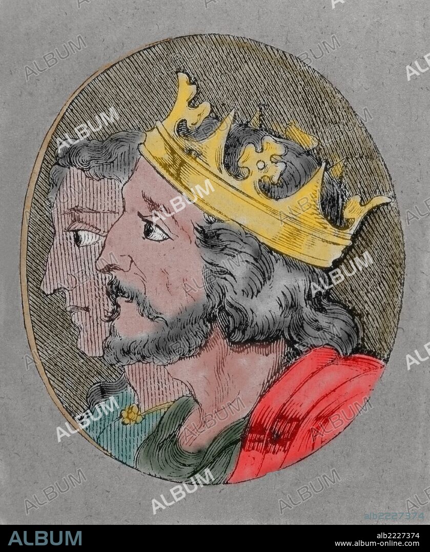 FERNANDO I "el Grande" (1037-1065). Hijo de Don Sancho el Mayor, rey de Navarra. Hizo tributarios suyos a los reyes moros de Toledo, Badajoz y Zaragoza. A su muerte se dividieron sus reinos entre sus cinco hijos: Sancho, Alfonso, García, Urraca y Elvira a quienes legó Castilla, León, Galicia, el señorío de Zamora y el señorío de Toro. Grabado coloreado.
