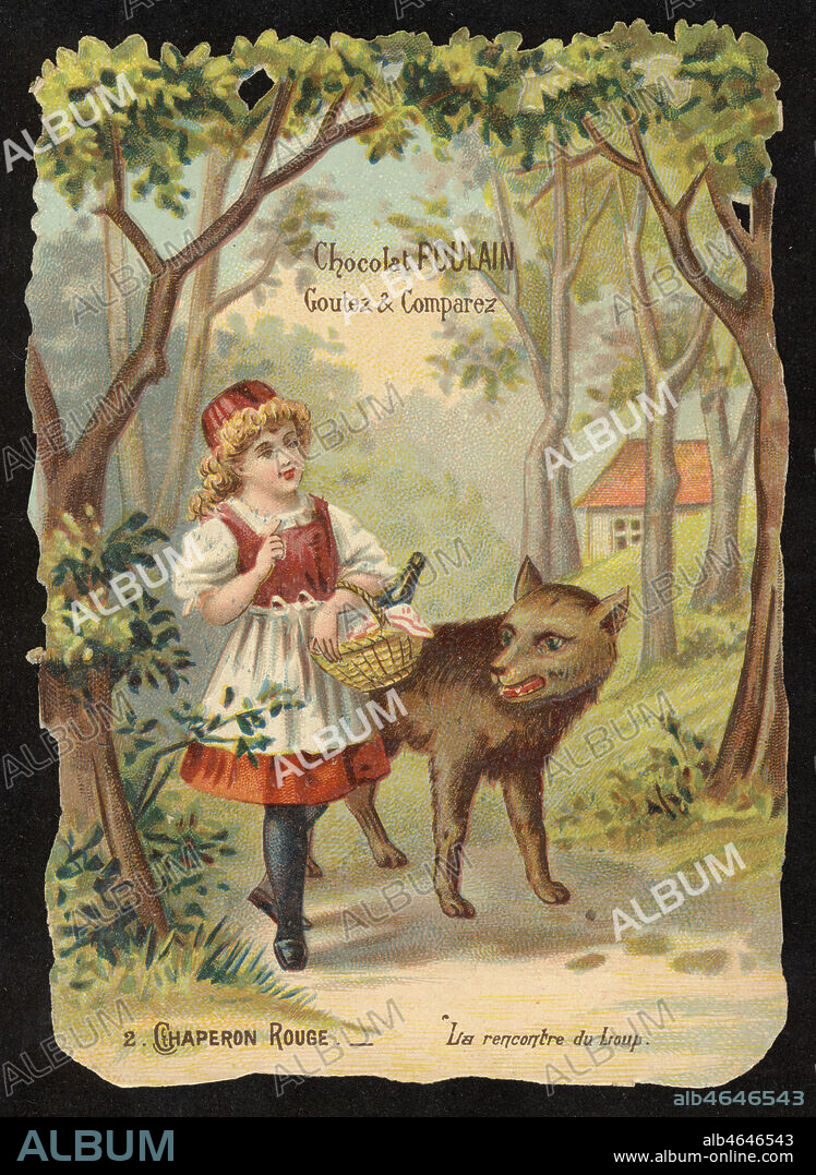 Le petit Chaperon rouge: la petite fille rencontre le loup. Le petit Chaperon rouge: série d'images Chocolat Poulain années 1890-99. Collection Kharbine-Tapabor.