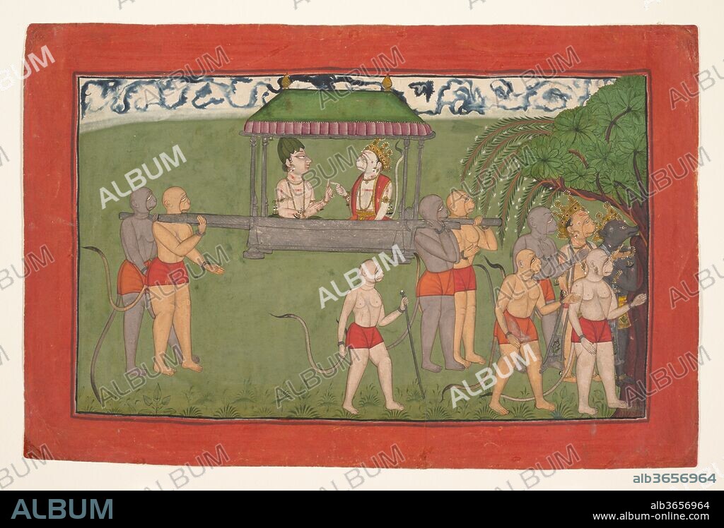 Lakshmana and Sugriva Being Carried by Palanquin to Receive Rama's Blessings. Culture: India (Punjab Hills, Mankot). Dimensions: 6 1/4 x 10 1/4 in. (15.9 x 26 cm). Date: ca. 1710-25.
This depiction does not match the regal description of the event in the Ramayana: "Sugriva and Lakshmana mounted the golden litter that shone like the sun andwas supported by a large number of monkeys. A white canopy was spread over Sugriva's head and magnificent fans made of yaks' tails were waived about him. Eulogized by bards, to the sound of conches and trumpets, he set out in regal state." Here, Lakshmana and the monkey king Sugriva are conversing in a palanquin carried by four monkeys to offer allegiance to Rama. Leading the way through the forest are Hanuman and the bear king Jambavan and accompanying monkeys. This page, along with Hanuman before Rama and Lakshmana, is part of a large Ramayana series thought to be from the court studio at Mankot.