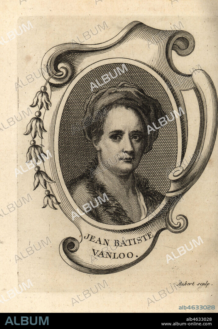 Portrait of Jean-Baptiste van Loo, French painter 1684-1745. Jean Batiste Vanloo. Copperplate engraving by M. Aubert from Antoine-Joseph Dezallier dArgenvilles Abrege de la vie des plus fameux peintres, Lives of the most Famous Artists, de Bure lAine, Paris, 1762.
