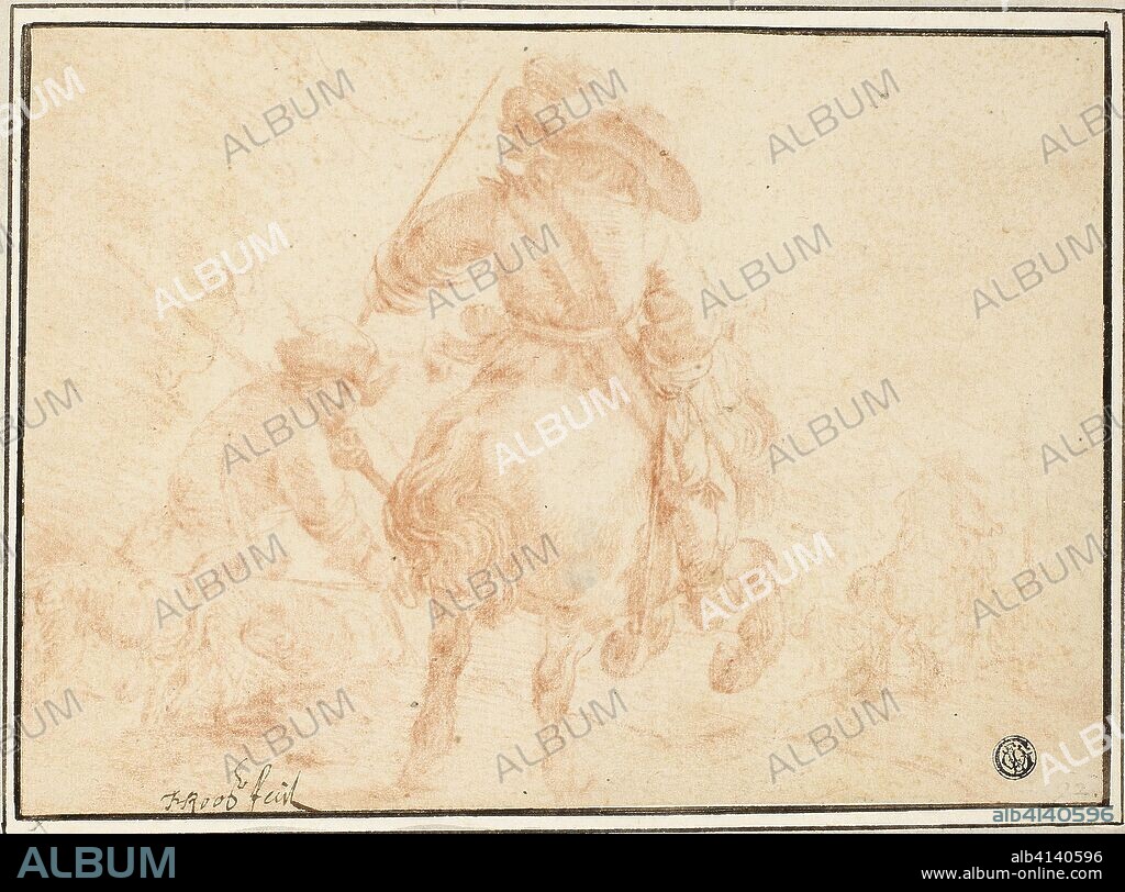 Soldiers on Horseback. Johann Heinrich Roos (German, 1631-1685); or Theodore Roos (German, 1638-c. 1698). Date: 1657-1708. Dimensions: 184 x 253 mm. Red chalk counterproof on ivory laid paper, laid down on ivory laid card. Origin: Germany.