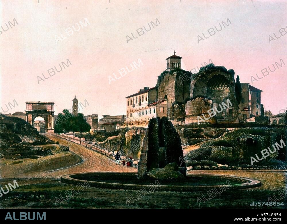 Rome - Roma (Italie), Meta sudante - Meta sudans (fontaine construite sous Titus, 79-81; remplacée sous Constantin; démolie en 1936). "LA META SUDANTE A ROME". (avec arc de Titus et temple de Vénus et de Rome). Aquatinte, coul., vers 1850, de Friedrich Salathé (1793-1858) d'ap. une photo. de Dusacq. Paris, coll. particulière.