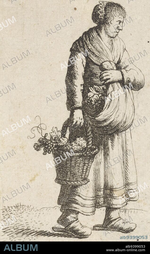 Woman carrying fruit and vegetables in basket and apron held up with left hand, Woman with basket Standing figures (series title), print maker: Jan Gillisz. van Vliet, Leiden, 1635, paper, etching, h 92 mm × w 72 mm.