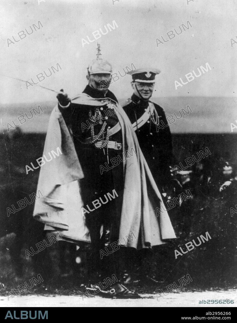 Photograph of Winston Churchill attending German Army manoeuvres with Kaiser Wilhelm. Dated 1909.