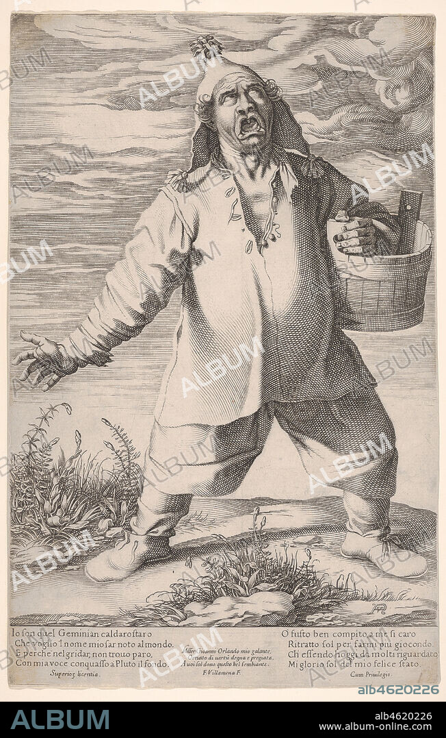FRANCESCO VILLAMENA. Geminiano Caldarostaro crying out and holding a tub, with a tasseled hat , ca. 1597-1601.