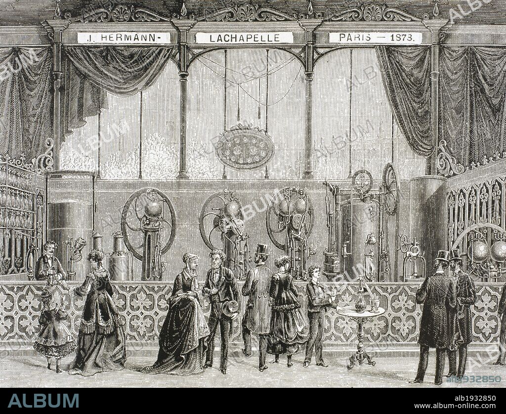 HISTORIA DE FRANCIA-S. XIX. EXPOSICION UNIVERSAL DE PARIS (1878). Celebrada en el Trocadero. "INSTALACION PRESENTADA POR J. HERMANN-LACHAPELLE, CONSTRUCTOR DE APARATOS CONTINUOS PARA LA FABRICACION DE BEBIDAS GASEOSAS". "La Ilustración Española y Americana", año 1879.