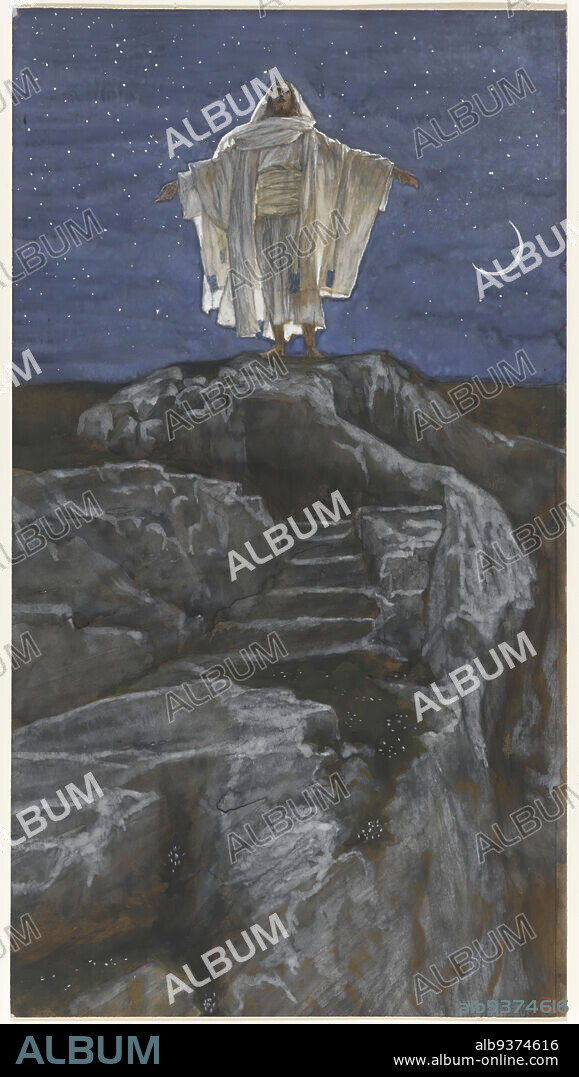 Jesus Goes Up Alone onto a Mountain to Pray, Jésus monte seul sur une montagne pour prier, The Life of Our Lord Jesus Christ, La Vie de Notre-Seigneur Jésus-Christ, James Tissot, French, 1836-1902, Opaque watercolor over graphite on gray wove paper, France, 1886-1894, Image: 11 3/8 x 6 1/4 in., 28.9 x 15.9 cm, Bible, Christ, Christianity, crescent, crescent moon, French, French artist, French painting, French watercolor, God, Gospel Harmony, graphite, James Tissot, jesus, Jesus Christ, Jesus Goes Up Alone onto a Mountain to Pray, Life of Christ, moon, mountain, new testament, night, old testament, pray, prayer, religion, religious art, rocks, sky, standing, stars, steps, Tissot, watercolor, wove paper.