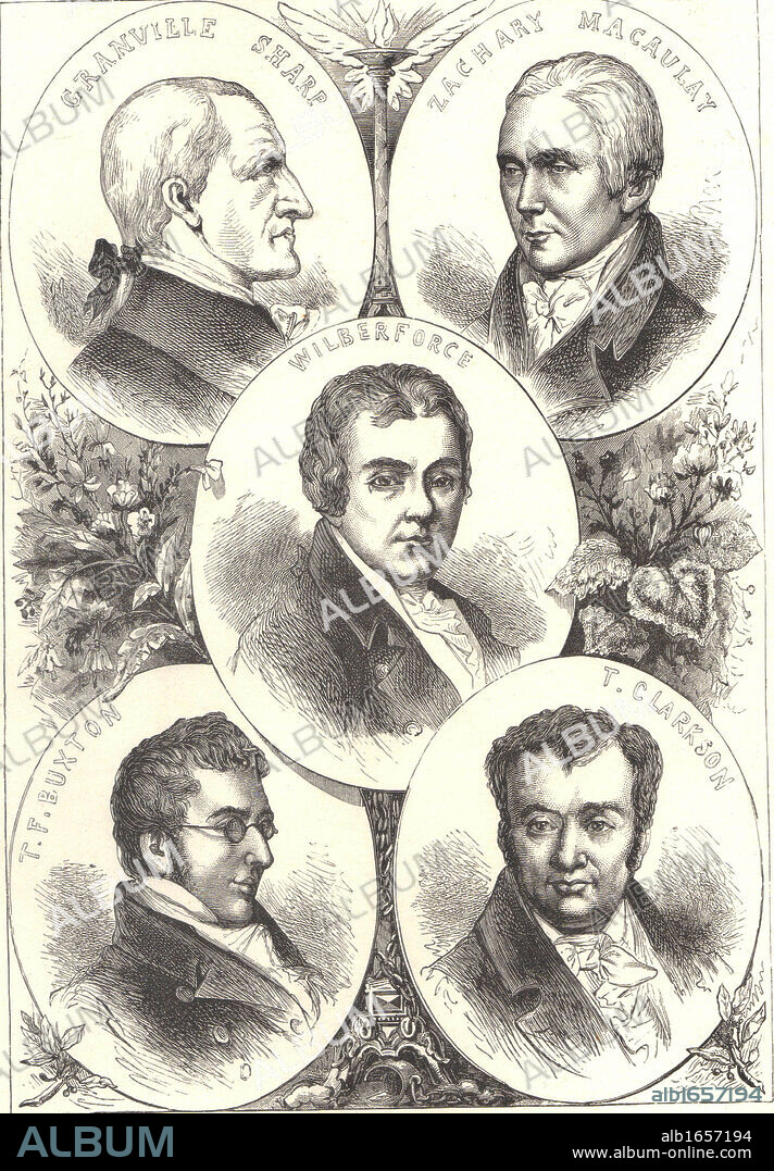 British leaders of the movement to abolish slavery. Thomas Fowell Buxton (1786-1845), Thomas Clarkson (1760-1846), Zacharay Macaulay (1766-1838), Granville Sharp (1735-1813) and William Wilberforce (1759-1833).  Engraving c1880.  Abolition of the Slave Trade Act 180722:45 Slavery Abolition Act 1833.