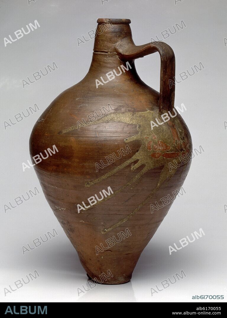 CANTARO DE CUELLO ALTO Y GRAN ASA CON VIDRIADO A MODO DE MANCHA EN LA UNION.