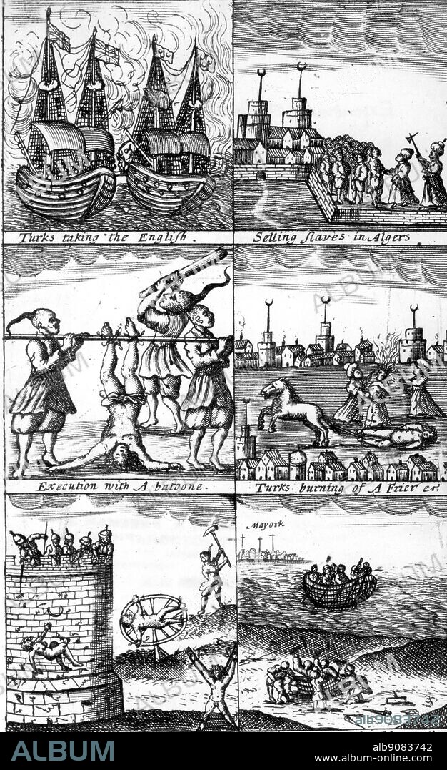 Experiences of Christian slaves in Barbary from a seventeenth century anti-Moor propaganda book - Selling slaves in Algiers - Execution with A batoone (bastinado) - Turks burning of A Frier - Divers Cruelties - Making the boat and their Escape to Mayork (Majorca). The African Adventure - A History of Africa's Explorers by Timothy Severin, page 58.