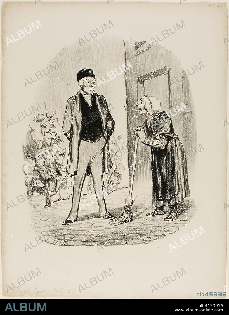 HONORé-VICTORIN DAUMIER. "- How are you feeling today, Mr. Chapolard? - Madame Pochet, a concierge who knows how to behave, should address her landlord only in the third person. - How can I talk to you in the third person, since you are the first person I am seeing this morning," plate 11 from Croquis Parisiens. Honoré Victorin Daumier (French, 1808-1879); printed by Imprimerie Charles Trinocq (French, active 19th century); later published by Maison Martinet (French, active 19th century); later published in Le Charivari (French, 1832-1915). Date: 1852. Dimensions: 259 × 215 mm (image); 360 × 275 mm (sheet). Lithograph in black on white wove paper. Origin: France.