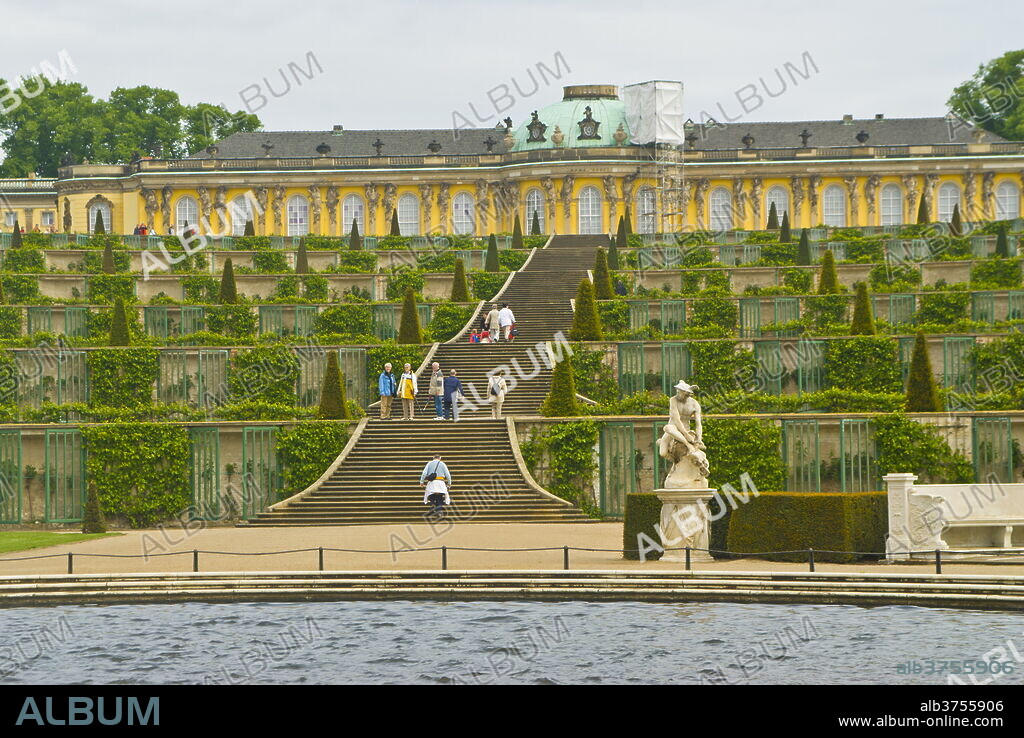 Sanssouci, the former Summer Palace of Frederick the Great, and its gardens, UNESCO World Heritage Site, Potsdam, Berlin, Germany, Europe.