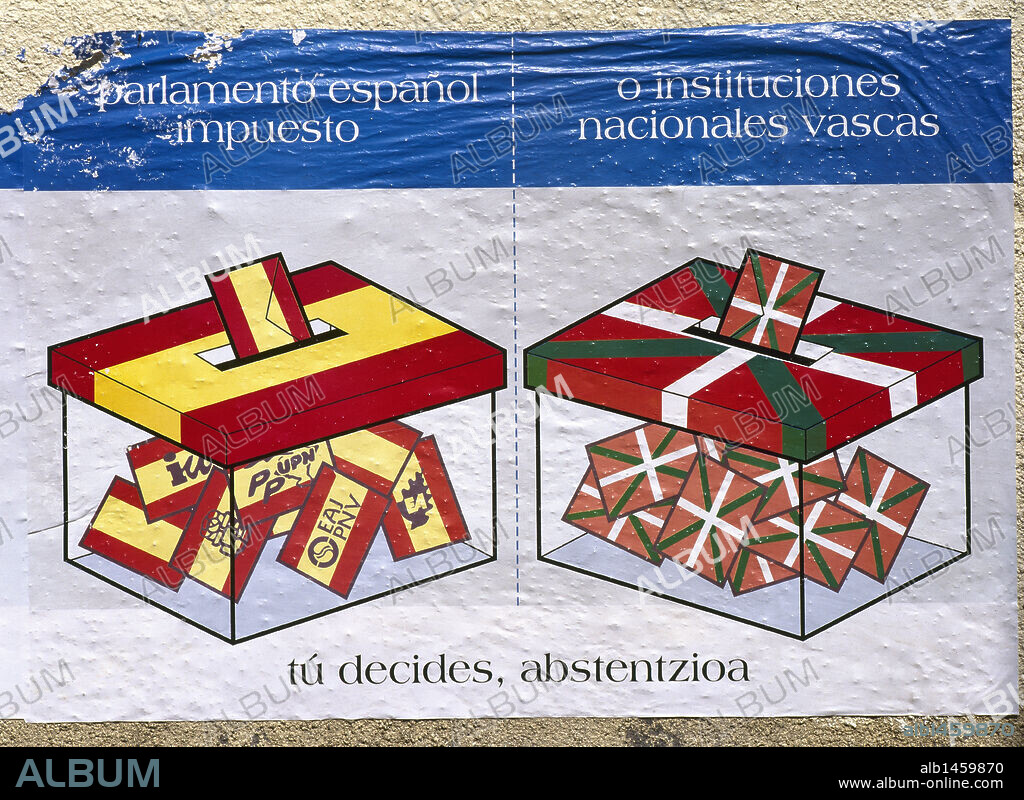 PROPAGANDA ELECTORAL del partido nacionalista e independentista vasco "EUSKAL HERRITARROK" (EH), con motivo de las Elecciones Generales para el Parlamento y el Senado celebradas en España el 12 de marzo de 2000. Cartel "PARLAMENTO ESPAÑOL IMPUESTO O INSTITUCIONES NACIONALES VASCAS. TU DECIDES, ABSTENZIOA". País Vasco.