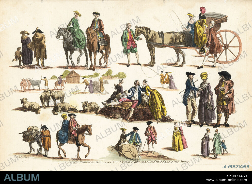 Groups of 18th century figures in rural pastimes. Men and women flirting during a harvest, riding horses, driving a carriage, etc. Handcoloured copperplate engraving after Anthony Walker from Robert Sayers The Artists Vade Mecum, Being the Whole Art of Drawing, London, 1766.