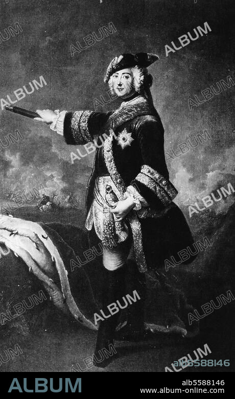 Friedrich II. (der Große), König von Preußen (1740-86), Berlin 24.1.1712 - Sanssouci bei Potsdam 17.8.1786. - Portrait mit Kommandostab - Gemälde von Antoine Pesne, 1745. Öl / Lw., 220 × 139 cm. Ehem. Schloß Rohnstock (Schlesien).