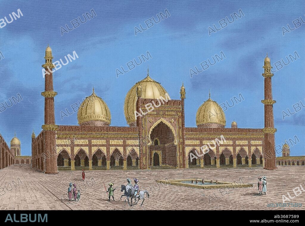 Delhi, India. The Masjid-i Jahan-Numa, known as the Jama Masjid. It was built by Mughal emperor Shah Jahan between 1650 and 1656. Engraving by Lemaitre, from Panorama Universal, India, 1845. Later colouration.