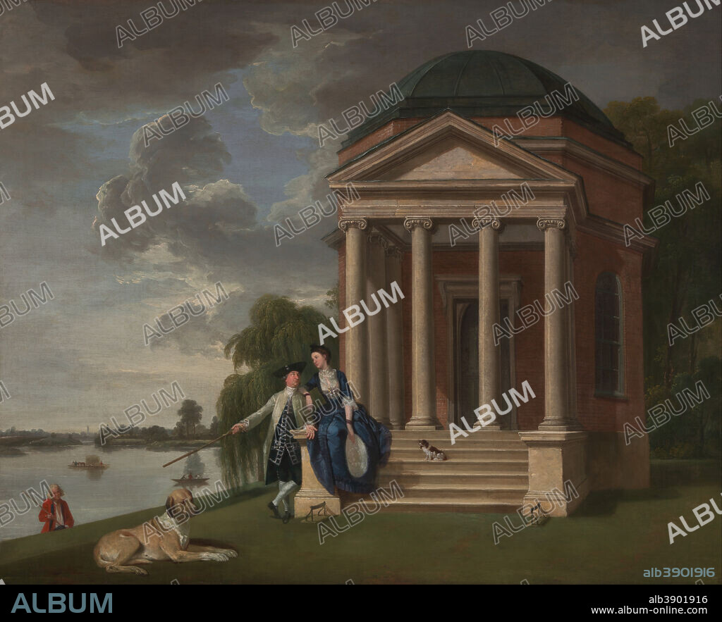 JOHAN JOSEPH ZOFFANY. David Garrick and his wife by his Temple to Shakespeare, Hampton. Date/Period: Ca. 1762. Painting. Oil on canvas. Height: 1,295 mm (50.98 in); Width: 1,549 mm (60.98 in).