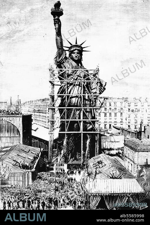New York, Freiheitsstatue. Übergabe der fertiggestellten Freiheitsstatue an den Botschafter der Vereinigten Staaten, Mr. Morton, in Paris. Holzstich nach einer zeichnung von Henri Meyer, 1884.