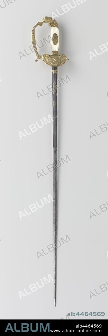 Officer's Sword, so-called 'é tat-major epee' without sheath, with broken point. Straight blade with flattened diamond-shaped cross-section, one-third blued from the grip and damaed-in with gold. The handle plates are of ribbed ivory, with a gold-plated oval handle shield with a crowned monogram of King Willem I in the middle. The hilt knob is in the shape of a half-climbing lion, front bar decorated with tendrils, guard rod with hanging baffle plate and anchor in laurel branch., Peter Knecht (attributed to), Solingen, 1820 - 1830, kling, gevest, greep, felt (textile), engraving, sword: l 91.2 cm blade: l 77.7 cm × w 2 cm hilt: l 16.5 cm.